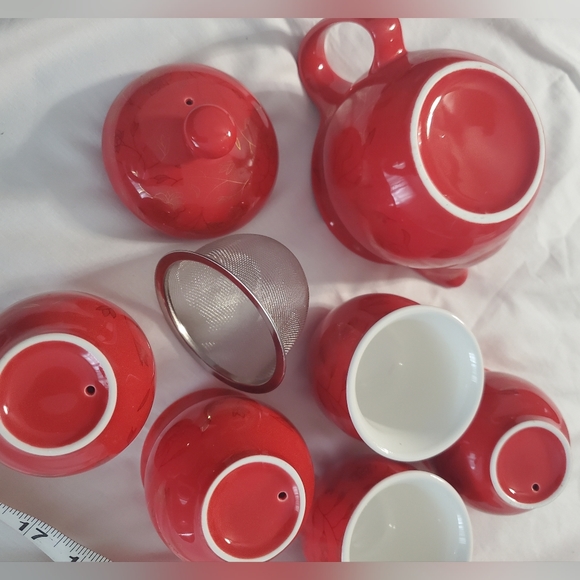: Red flower Chinese Tea Set 6 cups and matching teapot - Picture 6 of 11